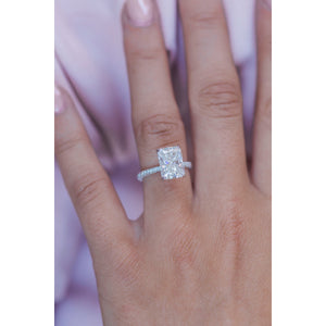 ROWAN 3.55 Carat (10.5x7mm) Elongated Crushed Ice Radiant Moissanite Engagement Ring with Invisible Halo in 14K White Gold