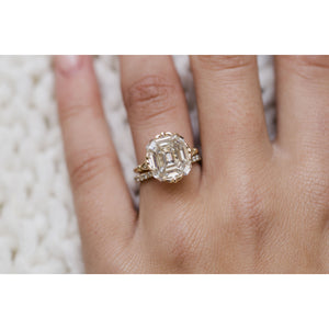 HARLOW 6.5 Carat (11x10mm) Old Mine Asscher Cut Moissanite Vintage Inspired NSEW Triple-Split Prong Engagement Ring in 14K Yellow Gold