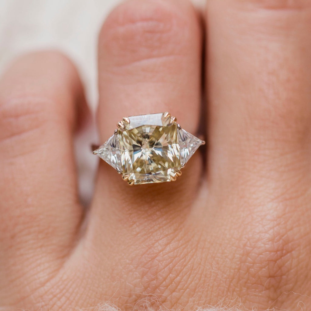 CAMILLA 5.9 CTW (4.9 Carat Center) Three Stone Ring With Canary Yellow Radiant and Trillions Moissanite Engagement Ring In 2-Tone Setting