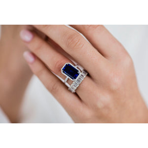 SOPHIA 6.5 Carat (13x8mm) Skinny Emerald Cut Lab Created Blue Sapphire Engagement Ring with Dainty Halo Setting in 14K White Gold