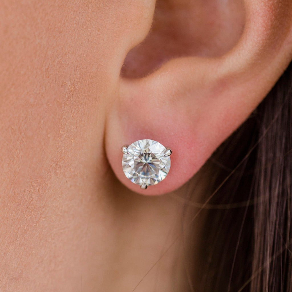 HARPER STUDS 2.5 Carat Per Earring (8.5mm) Round Moissanite With Martini Stud Earring in 14K White Gold (5 CTW) - In Stock!