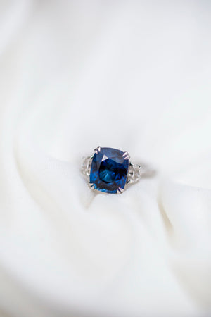 CAMILLA 4 CTW (3.2 Carat Center) Three Stone Ring With Blue Lab-Created Sapphire Cushion and Moissanite Half Moons Engagement Ring