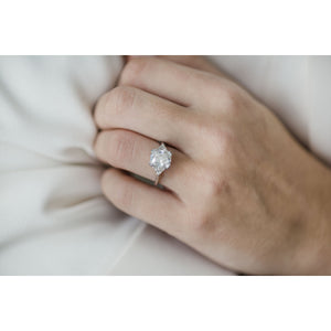CAMILLA 3 CTW (2.5 Carat Center) Three Stone Ring With Crushed Ice Radiant and Trillions Moissanite Engagement Ring In 14k White Gold