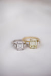 CAMILLA 4.6 Carat (11x8mm) Fancy Canary Emerald Cut Moissanite Three Stone Engagement Ring with Baguettes Set In 18k Yellow Gold