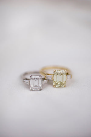 CAMILLA 4.6 Carat (11x8mm) Fancy Canary Emerald Cut Moissanite Three Stone Engagement Ring with Baguettes Set In 18k Yellow Gold
